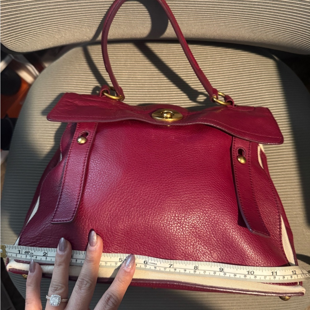 Authentic YVES SAINT LAURENT Muse Toe Leather Canvas Handbag Maroon - Picture 10 of 11